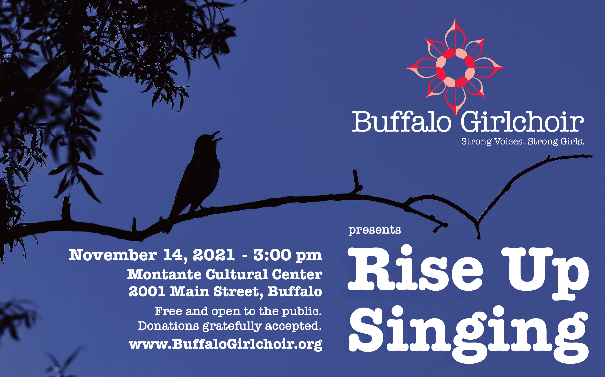Rise Up Singing postcard with song bird on branch.