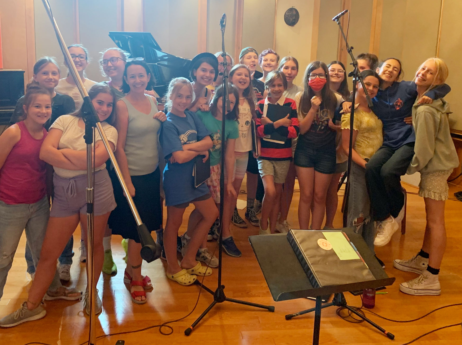 Large group of young girls in recording studio