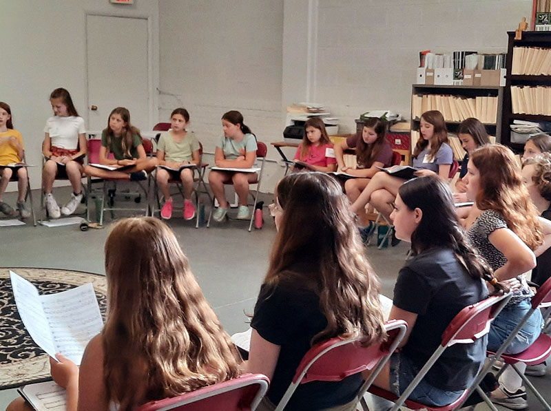 Group of young girls sitting at desks in a circle reading music sheets
