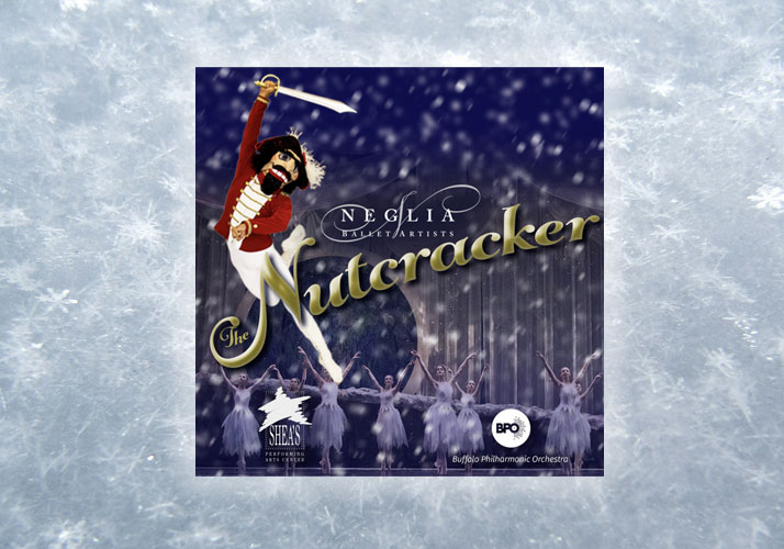 Illustration of dancing nutcracker with ballerinas dancing in the background.