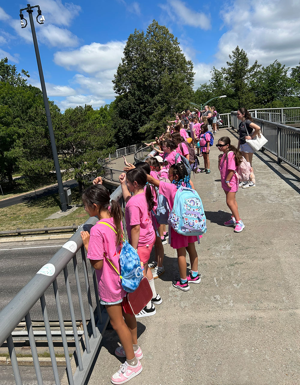 A group of young girls all wearing pink standing on a walking path above a city park road.